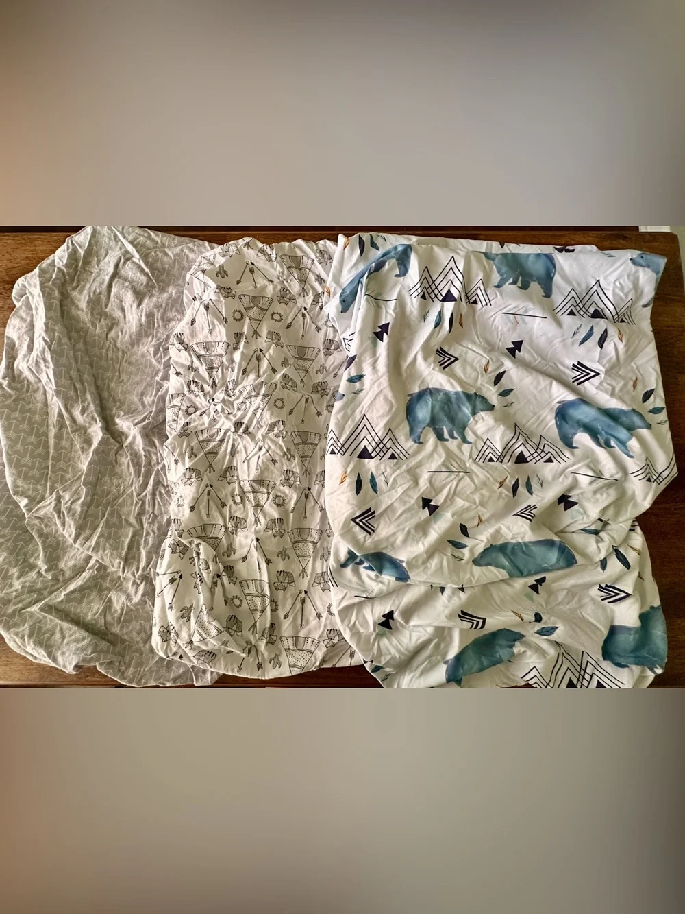 Set of 3 Infant Crib Sheets, Tribal/Woodland Theme (2 White, 1 Gray)